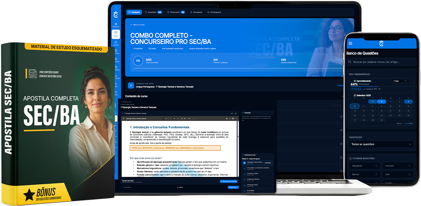 Plataforma de estudos exibida em notebook, tablet e celular com apostila impressa